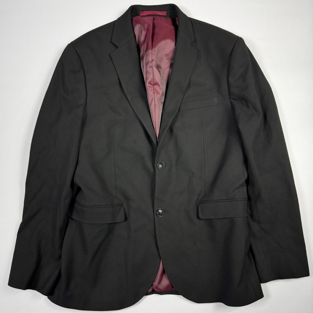 Topman Mens Skinny Fit Blazer Jacket Black 40R Burgundy Lining Suit Coat Stretch